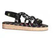 Chanel 20S White Black Cord Rope Quilted CC Logo Mule Slide Strap Sandal Flat 36