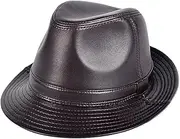 KJIASDFE Winter Hats,Leather Jazz Cap Mens Sheepskin Fedora Autumn Vintage Gentleman Hat 56-60cm Brown