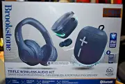 BROOKSTONE Triple Wireless Audio Kit Headphones, Ear Buds, Portable Speaker-NIB