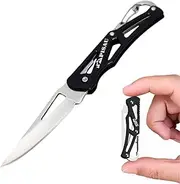 PISAU Small Stainless Steel Camping Folding Knife with Carbinner for Emergceny, Fishing and Camping (Black)