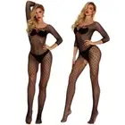 Women Sheer Mesh Bodystocking Lingerie Long Sleeve Plaids Mesh Bodysuit Tights