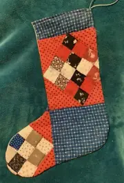 ANTIQUE VINTAGE QUILT CHRISTMAS STOCKING! BLUES & RED COTTAGE CORE 24-03