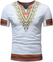 [XSION] Men's African Shirt Dashiki Tribal Floral Pullover Casual Short Sleeve V Neck Summer Shirts Fashion Pullover (Color : White, Size : Medium)