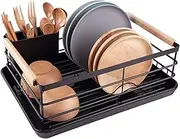 BRIAN & DANY Stainless Steel Dish Drying Rack Over Sink for Kitchen 42×30×15cm, Dish Drainer w/Wooden Handle and Removable Thickened Cutlery Tray (Black)