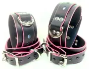 Black Pink edging Leather Wrist Ankle Collar Bondage BDSM Restraint RATS BUM