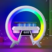 Table Lamp with Bluetooth Speakers, Atmosphere Lamp with Wireless Charger, Time Display Alarm Clock, 15W Qi Wireless Charger and Hi-Fi Music, Dazzling Lights Bedside Lamp