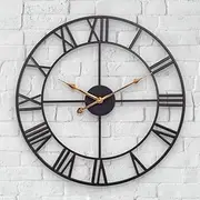 Mofine Metal Outdoor Clock, Vintage Antique European Industrial Decorative Large Roman Outdoor Clock, Silent Battery Operated Skeleton Iron Wall Clock Garden/Patio/Pool/Fence-18 Inch, Golden Hand