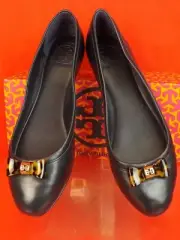 NIB TORY BURCH BLUE LEATHER JOLENE TORTUGA PATTERNED BOW GOLD REVA FLATS 10.5