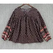 OLD NAVY Blouse Womens XL Brown Pullover Floral Notch Neck Front Tie Long Sleeve