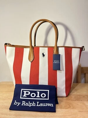 Polo Ralph Lauren Red Striped Canvas & Leather Reversable Tote Bag-BNWT FREE P&P