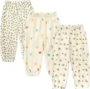 GFQLONG Toddler Baby Girls 3 Pack Elastic Waist Pants Soft Cotton Linen Harem Bloomers Summer Fall Long Pants