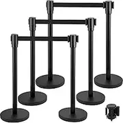 VEVOR Crowd Control Stanchion, Set of 6 Pieces Stanchion Set, Stanchion Set with 6.6 ft/2 m Black Retractable Belt, Black Crowd Control Barrier with Concrete and Metal Base - Easy Connect Assembly