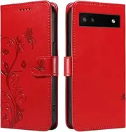 YBFJCE Case for Google Pixel 6a, PU Leather Magnetic Flip Folio Kickstand Card Holder Shockproof Protective Cover, Wallet Case for Google Pixel 6a, Red