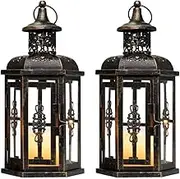 JHY DESIGN Set of 2 Decorative Lanterns 25cm High Vintage Style Hanging Lantern Metal Candle Holder for Garden Living Room Indoor Outdoor Parties Weddings Black with Gold Brush