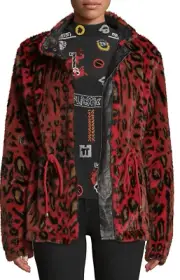 Nicole Miller Women's Leopard Print Faux Fur Anorak Jacket Red Size Medium