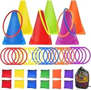 ailixinda 3 in 1 Carnival Games Set,39PCS Soft Plastic Cones Cornhole Bean Bags Ring Toss Game,Carnival Combo Set Toss Games for Kids Adult Birthday Party Indoor Outdoor Games Supplies,Yard Lawn Games