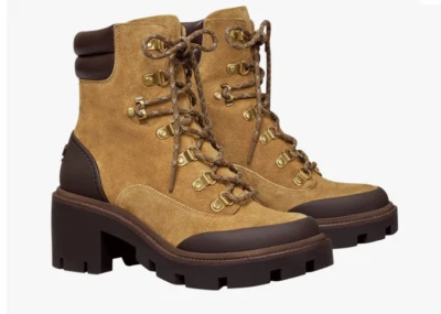 Tory Burch LUG-SOLE Hiker Ankle Boots Booties Alce Coconut Suede Leather Size 10