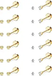 [Kakonia] 12 Pairs 20G Cartilage Earrings Stud for Women Men Stainless Steel Tiny 2mm & 3-8mm Studs CZ Round Ball Flatback Earring Set