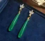 Antique Vintage Women's Dangle Drop Earring Natural Jade Silver 925