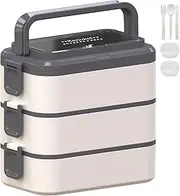 Kenuket Bento Box Lunch Box, Adult Container with 3L Large Capacity, Microwave Safe 3 Layers Stackable Leakproof Food Dividers and Sauce Boxes for Kids Adults A-White