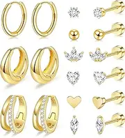 [Tomovely] Small Hypoallergenic Flat Back Stud Earrings for Women Men 14K Gold Plated Surgical Stainless Steel Earring Sets Tiny Screw Back Cartilage Earring