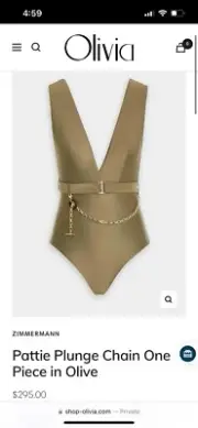 ZIMMERMAN ONE PIECE SWIMSUIT BATHING SUIT, OLIVE, SIZE 1