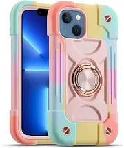 MARKILL Compatible with iPhone 14/iPhone 13 Case, 6.1 Inch with Built-in Ring Stand, Military Grade Drop Protection, Full Body Rugged Heavy Duty Case for iPhone 14/iPhone 13 (Rainbow Pink)