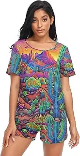 [RPLIFE] Abstract Painting Desert Cactus Pajamas for Women Set Shorts, Comfy Pajamas for Women Set, Abstract Painting Desert Cactus, Small