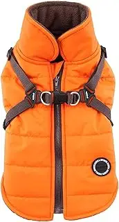 Puppia Mountaineer Winter Dog Coat with Integrated Harness No Pull Cold Weather Waterproof Warm Fleece Back Zipper for Small & Medium Dog, Orange, Medium