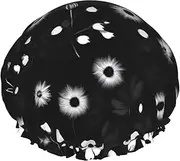 Black And White Floral Print Print Various Activities Shower Cap Reusable Soft And Lightweight Bath Hair Cap Long Hair
