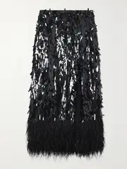 [Johanna Ortiz] Johanna Ortiz - Euforia Purs Feather-trimmed Sequined Chiffon Midi Skirt - Black - US10 US 10 Black