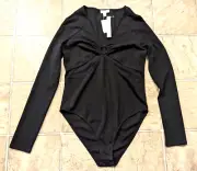 New Topshop sz 12 Bodysuit Top black long sleeves cut out accents stretchy 4207