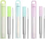 3PCS Reusable Straws Collapsible Stainless Steel Straws with Cleaning Brush & Silicone Tips, Portable Travel Telescopic Drinking Straws with Storage Case.