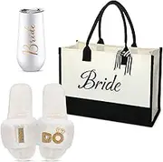 Karenhi 3 Pcs Bride to Be Gifts Set, Include Bride Tumbler Champagne Flutes Wifey Tumbler, Bride Tote Bag Bridal Shower Gift Bag, Women's I Do Slippers for Bride Engagement Weddings Bachelorette