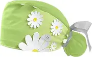 [WOSHJIUK] Working Hat 2 Pack Scrub Caps for Women,Daisy Green Background,Tie Back Cap Adjustable Scrub Hat