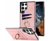 Full Protection Cover for Samsung Galaxy S22 Ultra, 2 Cards PU Leather Case with Ring Holder - Pink