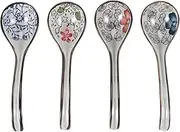 Oidnvay 4 Pieces Asian Retro Ceramic Rice Spoons Curved Handle Ramen Soup Spoon Asian Soup Spoon Painted Flower Spoons with Long Handle