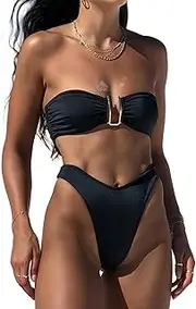 [DURINM] Women's Bikini Set High Waist Swimsuit Trendy Sexy Swimwear Two Piece Swimsuit Bikini Women's Set Sexy Swimsuit Swimwear High Waist Colour Block Two Piece, Black, M