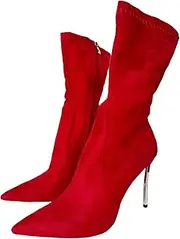 [Frankie Hsu] Stiletto High Heeled Ankle Boots, Sexy Red Elastic Fabric Faux Suede Thin High Heel Bootie, Big Large Size Fashion Designer Silver Heel Dressy Ankle High Heeled Short Boot For Women