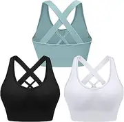[Sykooria] Women Sports Bras High Impact Strappy Cross Back Padded Workout Bras for Running Yoga Gym