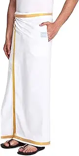[Gowri Tex] Men's 100% Pure Cotton White With Gold Jari Lungi in Size 2 Mtrs Single Lungi- Pack Of 1, Velcro Pocket Lungi, Free Size