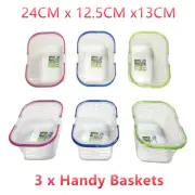 3 x Plastic Handy Basket w Handles Clear Aerated Storage Carry Laundry Organiser