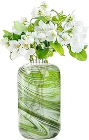 Goaste Green Glass Flower Vase, 8 Inch Decorative Premium Glass Bottle, Aesthetic Cylinder Bud Vase, Modern Hand Blown Vase with Cloud Pattern for Centerpieces, Wedding, Dining Table, Arrangement