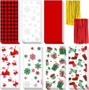 Outus 105 Pieces Christmas Cellophane Bag with 200 Pieces Twist Ties Holiday Tre