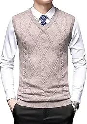 [JEShifangjiusu] Mens V Neck Sweater Vest Wool Blended Relaxed Fit Knit Sleeveless Sweater Cable Knitted Pullover Sweaters Vest