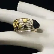 Two-tone Black Druzy & Smoky Topaz Sterling Silver Ring Size 9