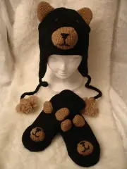 delux HAT + MITTENS SET Adult BIG BLACK BEAR animal shaped mens womens FL LINED