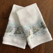 (2) Laughing Bear Winter Fun Bath Hand Towels Moose Raccoon Bear Snow Sledding
