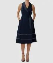 Adrianna Papell Women's Blue Surplice Sleeveless Self-Tie Tuxedo Dress Size 16