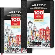 ARTEZA 8.3X11.7 Sketch Book, Pack of 2 Notebooks, 100 Pages Per Pad, 118Lb/175Gsm, Hardcover Journals with Bookmark Ribbon, Expandable Inner Pocket, and Elastic Strap, for A Variety of Dry Media